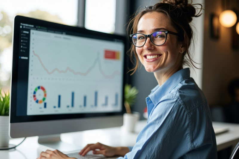 a woman smiles in front of her computer, which displays analytics charts